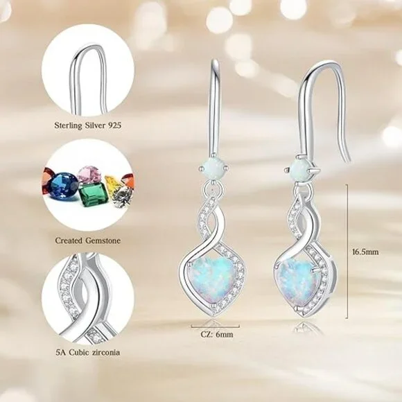 Heart Infinity Dangle Drop Silver Heart Gemstone Earrings Oct.-Opal